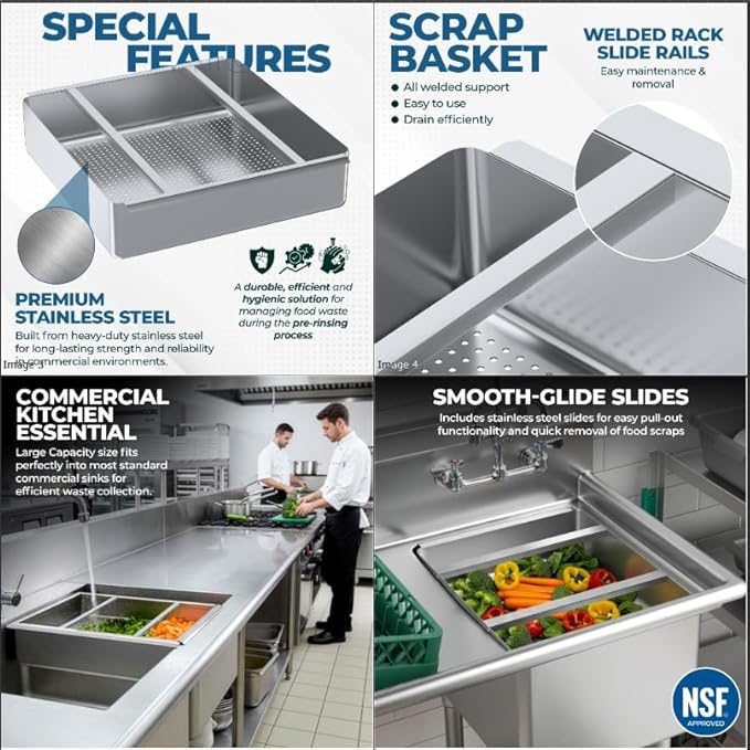 Pre-Rinse Basket with Stainless Steel Slides | Premium Quality Stainless Steel Scrap Basket for Commercial Sinks | 19 3/8" x 19 3/8" x 3.5"