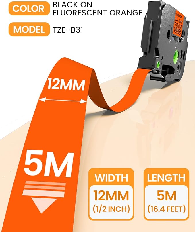 Replacement for Brother P Touch Label Tape Black on Fluoresent Orange TZe-B31 TZeB31 12mm 0.47'' Laminated TZe TZ Label Maker Tape, Compatible with PT-D210 PT-D220 PT-H110 PT-D400 PT-D600, 2-Pack