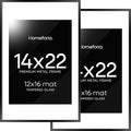 Homeforia 14x22 Picture Frame Black, High End Metal 14 x 22 Poster Frames with Mat 12 x 16 for Photo, 14x22 Black Frame Matted to 12x16 inch Print, 22x14 Thin Frame, Tempered Glass, Wall Kit, Set of 2