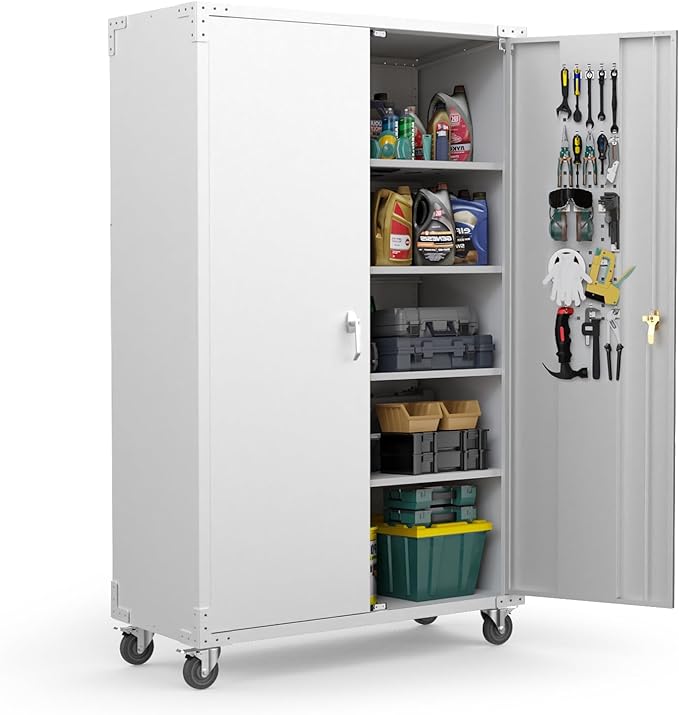 VINGLI Upgraded Wide & Deep Garage Storage Cabinet, Metal Storage Cabinet with Pegboards, Wheels, Locking Doors and Adjustable Shelves (Gray, 43''W x 20''D x 72''H)