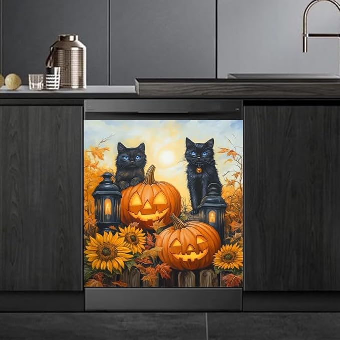 Halloween Black Cat Magnetic Dishwasher Cover Vinyl Sticker,Pumpkin Lantern Dishwasher Magnet Cover,Autumn Fall Sunflower Fridge Door Cover Magnets Art Skin Panel Decal for Home Decor, 23"X26"