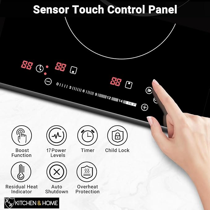 K&H Dual Induction Cooktop - 12 Inch Built-In Electric Stove Top with 17 Heating Levels - 220V, 3400W Built-in Ceramic Glass Electric Induction Cooktop - Touch Control, Timer & Child Lock, IN12-3400SL