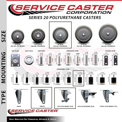 Service Caster Brand Replacement Set for Uline Casters - Swivel 1-1/2 Inch Expanding Stem Casters with 4 Inch Gray Polyurethane Wheel-Includes 4 Swivel Casters and Brakes - Fits Uline Worktable H-5746