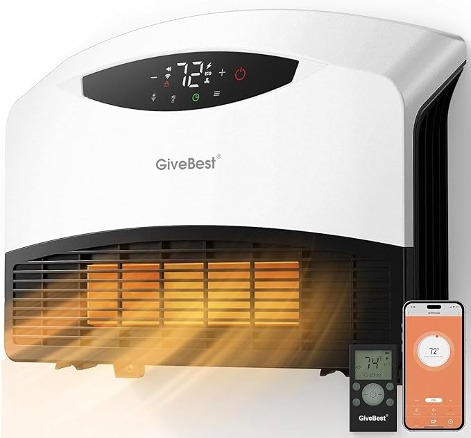 GiveBest Electric Wall Heater with WiFi and Remote Control, Floor or Wall Mounted Heater, Large Room Coverage, 3 Heating Modes, 1500W Fast Heating Space with Thermostat for Indoor Room Use, White