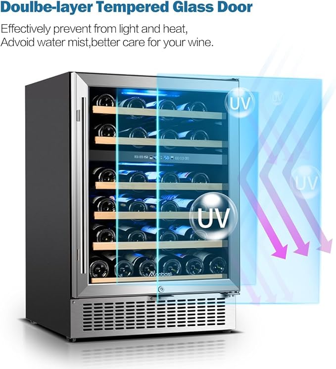 AAOBOSI Wine Fridge - 24-inch Dual Zone Wine Cooler Holds 51 Bottles, 41-64.4°F Wine Cooler Fridge with Digital Touch Screen, Built-in or Freestanding Fridge，for Home，Restaurant, Bar