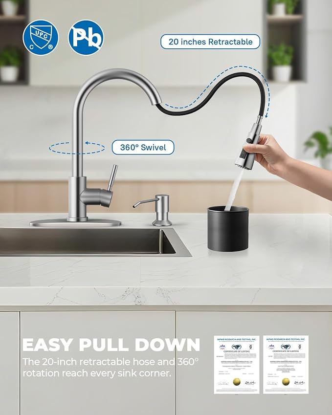 WEWE Kitchen Faucet with Soap Dispenser and Pull Down Sprayer, RV Single Handle Classic 3 Modes Stainless Steel Faucet for Kitchen Sink, RV, Stainless Steel