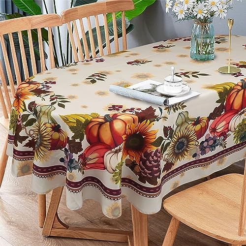 Fall Thanksgiving Double Border Decoration Tablecloth, Sunflower & Pumpkin Harvest Tablecloths, Waterproof Table Cover for Dinner Kitchen Party Holiday Decorations, Oval 54 x 72
