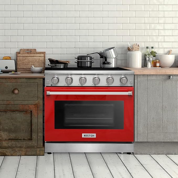 KOSTCH 30 inch Professional Freestanding Pro-Style Natural Gas Range or Liquid Propane Gas Range with 5 Burners, 4.55 cu.ft. Oven Capacity, in Stainless Steel - KOS-30RG03M (Red)