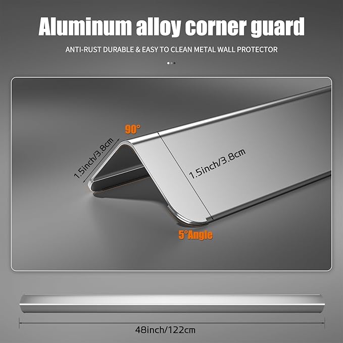 1.5x1.5x48 Inch 304 Stainless Steel Wall Corner Guards (10-Pack) Heavy Duty Rounded Corner Protector, Smooth Folded Edge Design for Wall Protection 90° Angle Metal Edge Guard Stainless Steel Slab