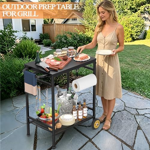 2-Tier Outdoor Grill Table with Wheels, Movable Cooking Food Prep Table for Outside BBQ Gathering, with 23.62" Lx 15.75" W Rust-resistant Tabletop, Griddle Stand for Patio & Backyard & Tools Room