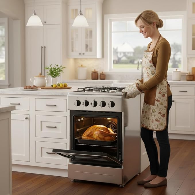 20" Free Standing Gas Stove Oven Range,4 Burner LPG Cooktop with 65L Oven, 201 Stainless Steel Body, Double Layer Mirror Surface Tempered Glass Door, Compact Design for Kitchen (LPG)