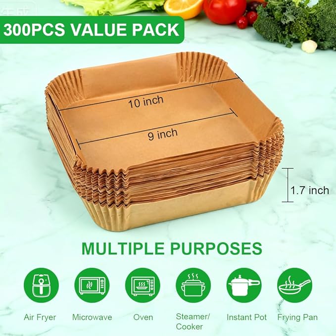 BYKITCHEN Large Air Fryer Liners for 8-12QT XL Airfryer, Compatible with CHEFMAN 8QT/ 10 QT/ 12QT & Instant Pot 10QT, 200PCS 10 Inch Disposable Airfryer Parchment Paper Liner, Air Fryer Accessories