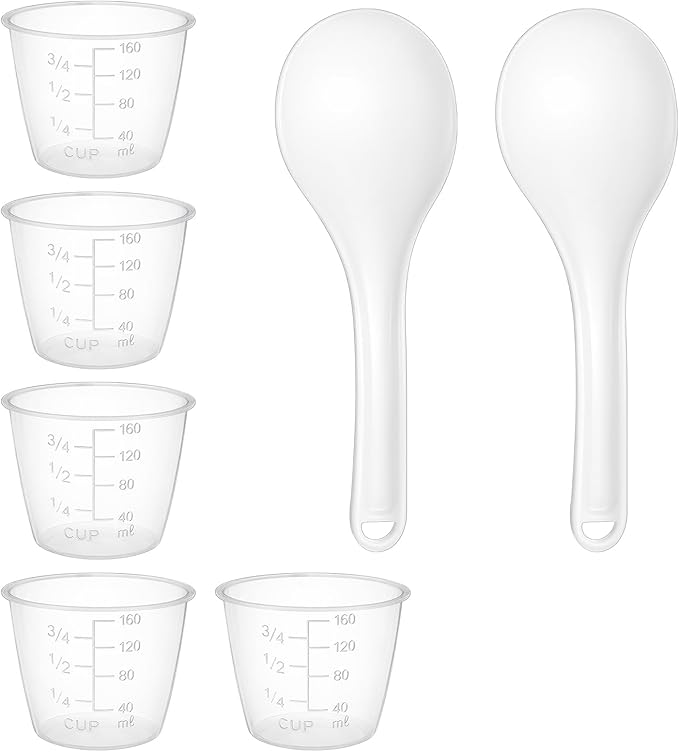 5 Pack Rice Measuring Cup and 2 Pack Rice Paddle, Rices Cup 160ml 3/4 Cups Measuring Cups Rices Cooker Accessories Heat Resistant Non-stick RiceSpoon for Kitchen Restaurant Cooking Utensil