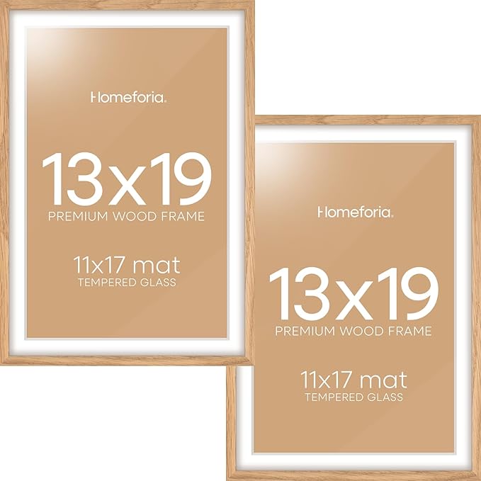 Homeforia 13x19 Picture Frame Wood, High End Natural Oak 13x19 Light Wooden Poster Frame with Mat 11x17, 13 x 19 Frames Matted to 11 x 17 Photo, 19x13 Hanging Frame, Tempered Glass, Wall Kit, Set of 2