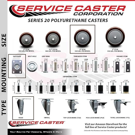 Service Caster Brand Replacement Caster for Uline Caster H-5539R-Rigid Top Plate Caster with 4 Inch Maroon Polyurethane Wheel-Light Duty Replacement Caster-Fits Cart, Dollies and Poly Box Truck H-1956