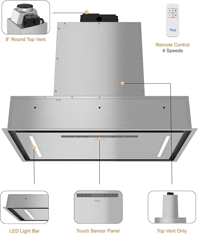 Awoco 30”W Flush Ceiling Mount Insert Island Range Hood, Stainless Steel 4 Speeds 1000 CFM, 8” Round Vent LED Lights Remote Control (30" 8" Vent)