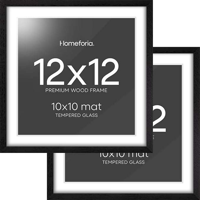 Homeforia 12x12 Black Wood Frame Matted to 10x10 Print, High End Oak 12 x 12 Square Picture Frame with Mat 10 x 10 for Photo, 12by12 Black Wooden Thin Poster Frames, Tempered Glass, Wall Kit, Set of 2