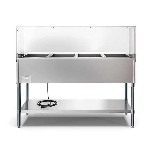 KoolMore 4-Pan Open Well Commercial Electric Stainless Steel Steam Table Food Warmer for Buffets with Sneeze Guard, Overshelf, Undershelf, Warming Control Knobs [120V] (KM-OWS-4SG), Silver
