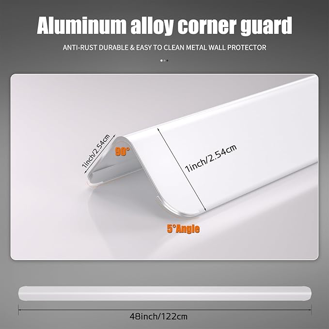 1x1x48 Inch 304 Stainless Steel Wall Corner Guards (10-Pack) Heavy Duty Rounded Corner Protector, Smooth Folded Edge Design for Wall Protection White Guard Stainless Steel Slab