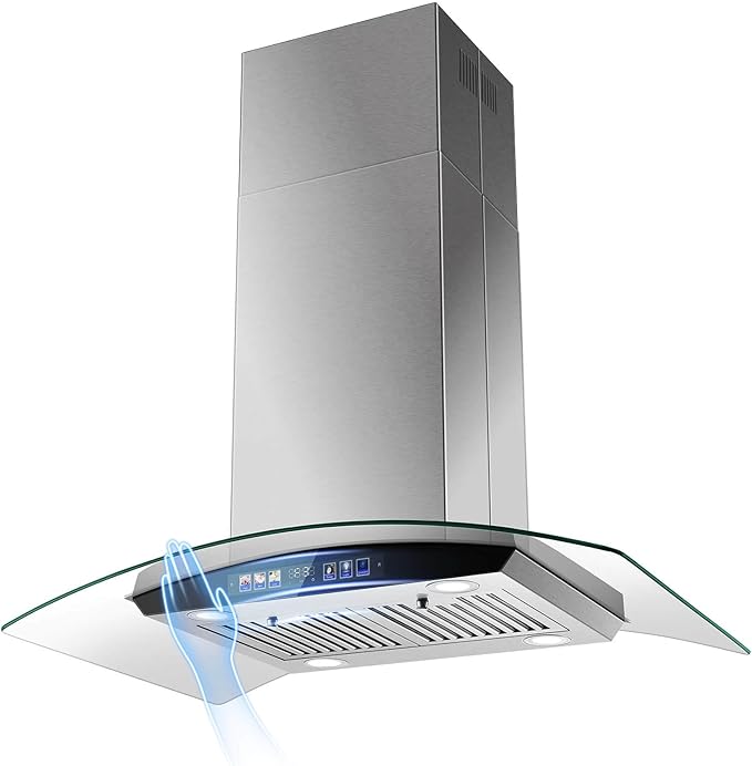 Island Range Hood 36 Inch 700 CFM, Ceiling Mount Kitchen Exhaust Hood with Gesture Sensing & Color Touch Control, Tempered Glass, 3 Speed Vent Fan, 4 LED Lights, Permanent Baffle Filters