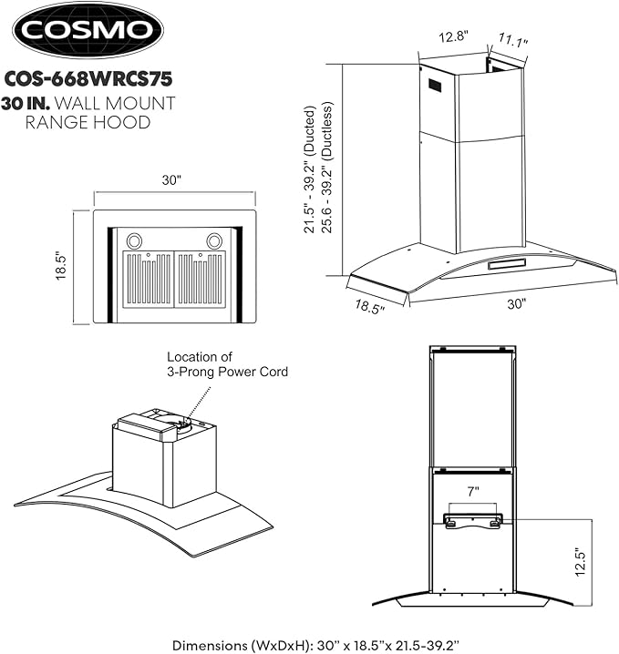 COSMO COS-668WRCS75 30 in. Vista Collection 380 CFM Ducted Wall Mount Range Hood, Touch Controls, LED Lights, Stainless Steel