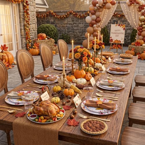 KIRE 150PCS Thanksgiving Plates Dinnerware Maple Leaves - Plastic Thanksgiving Plates with Gold Silverware Include 25Dinner 25Salad 25Forks 25Knives 25Spoons 25Gold Cups