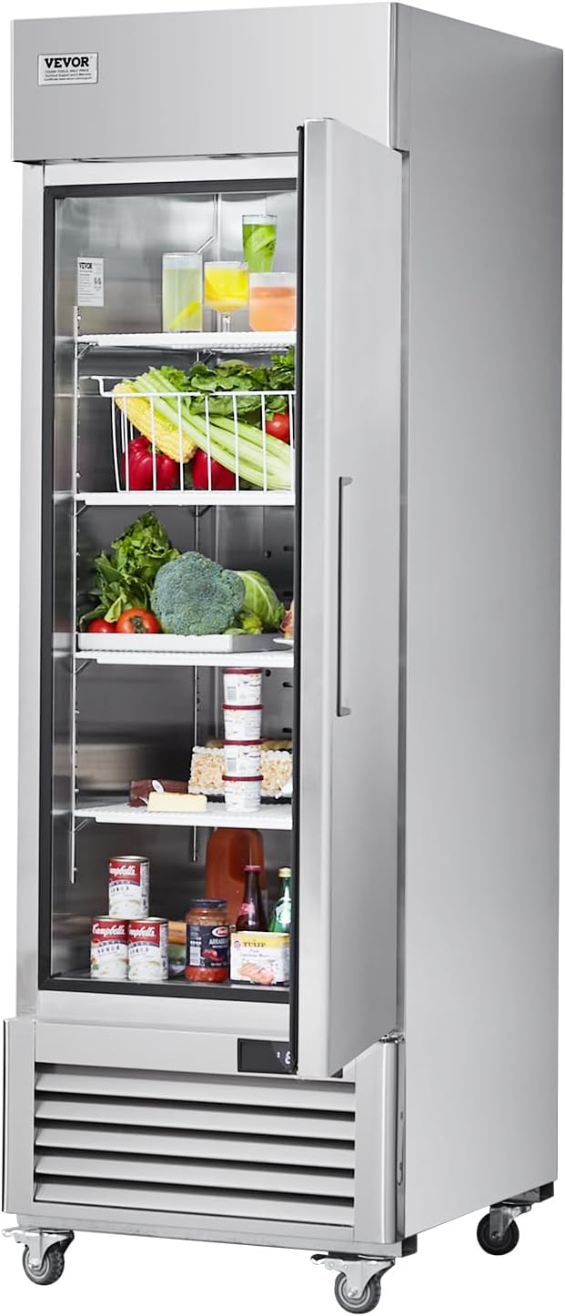 VEVOR Commercial Refrigerator 19.32 Cu.ft, Reach In 27" W Upright Refrigerator Single Door, Auto-Defrost Stainless Steel Reach-in Refrigerator & 4 Shelves, 33 to 41℉ Temp Control, LED Light, 4 Wheel