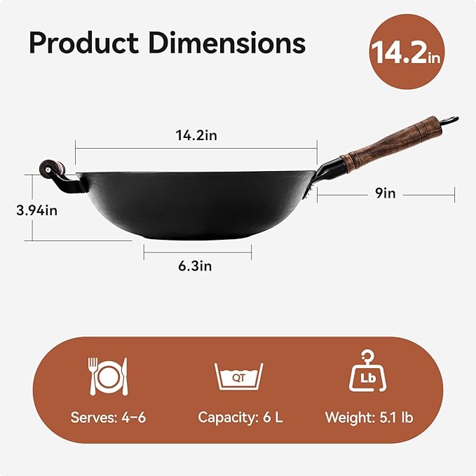 WANGYUANJI 14.2 Inch Cast Iron Wok with Wooden Lid & Handle, Flat Bottom Stir Fry Wok Pan, Turtle-Pattern Textured Uncoated Large Wok Skillet for Induction, Gas & Electric (Seasoning Required)