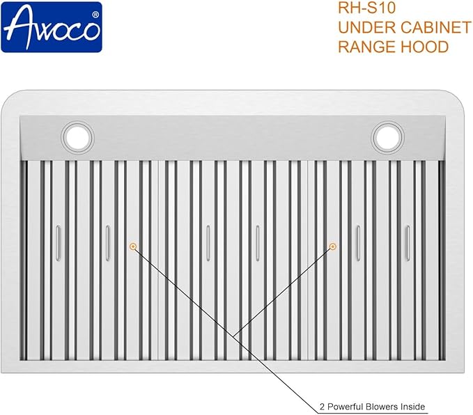 Awoco 30” Supreme 10” High Stainless Steel Under Cabinet Range Hood 4 Speeds, 8” Round Top Vent, 1000CFM 2 LED Lights, Remote Control (RH-S10-30)