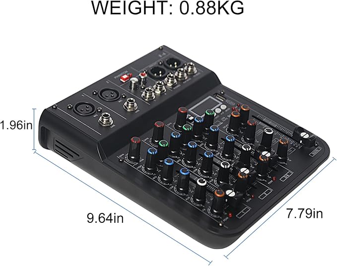4 Channel mixer, DJ Mixer Board with Bluetooth and Usb, Audio Sound Card with Interface Recording and 48V Phantom Power, Sounds Mixer Board with FX Reverb Delay Effect for Streaming