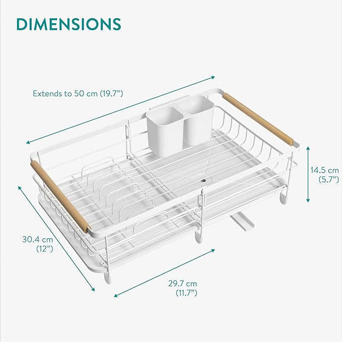 Navaris Expandable Dish Rack - Adjustable Draining Board for Drying Dishes - Removable Plates and Cutlery Holder - Kitchen Sink Washing Up Drainer with Plug and Drip Tray - White