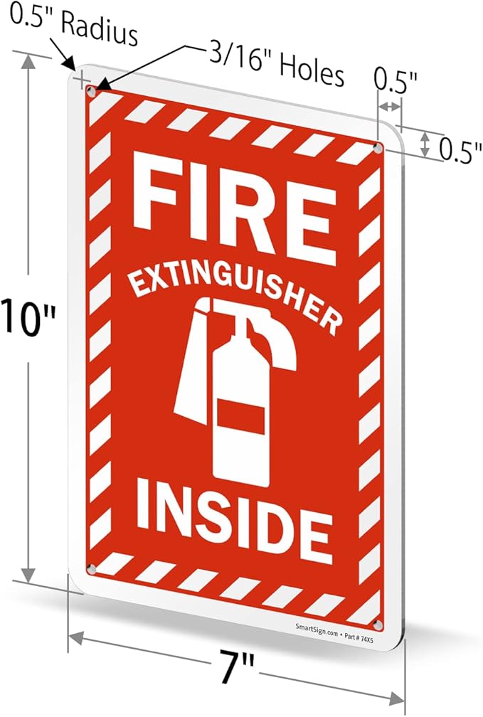 SmartSign 10 x 7 inch “Fire Extinguisher Inside” Metal Sign with Pre-cleared Holes, 40 mil Laminated Rustproof Aluminum, Red and white, Made in USA