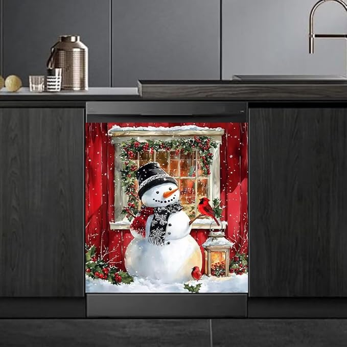 Christmas Snowman Magnetic Dishwasher Cover Vinyl Sticker,Red Barn Winter Scene Dishwasher Magnet Cover, Xmas Bird Fridge Door Cover Magnets Art Skin Panel Decal for Home Decor, 23"X26"