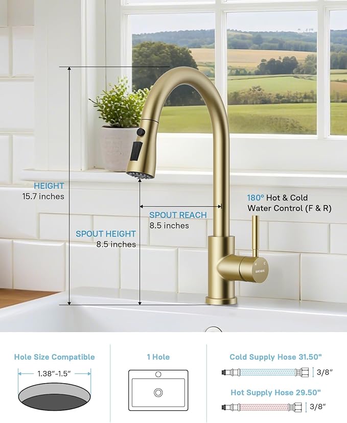 WEWE Kitchen Faucet with Pull Down Sprayer and Soap Dispenser, Stainless Steel Kitchen Sink Faucets, 3-Mode High Arc Single Handle Faucet for RV Farmhouse, Gold