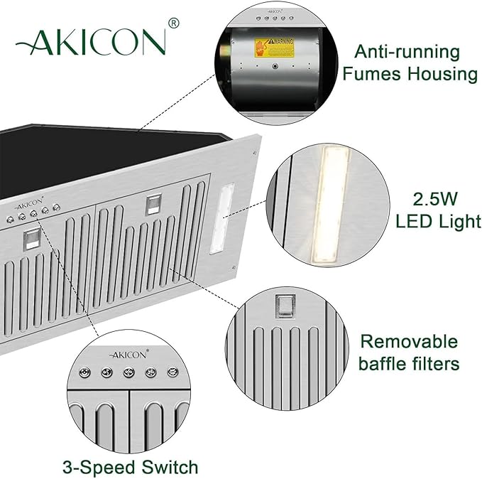 Akicon 36 Inch Range Hood Insert, Ultra Quiet Stainless Steel Ducted Insert/Built-in Kitchen Vent Hood with Powerful Suction, LED Lights and Dishwasher Safe Filters, 3-Speeds 600 CFM