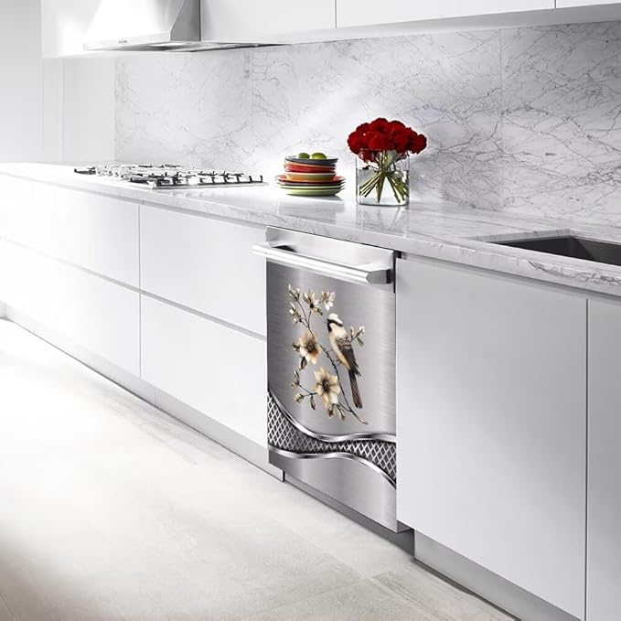 Imitation Stainless Steel Design Bird Pattern Dishwasher Cover Magnetic Sticker Refrigerator Door Panel Cover Fridge Appliance Magnet Decal Sheet 23x17 inch