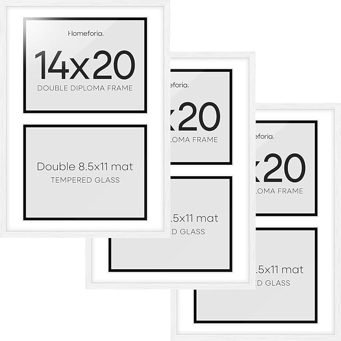 Homeforia 14x20 Double Diploma White Frame, High End Oak 14 x 20 Certificate Wood Frames with Mat for Two 8.5x11 Diplomas, 20x14 Wooden Dual Award Graduation Frames, Tempered Glass, Wall Kit, Set of 3