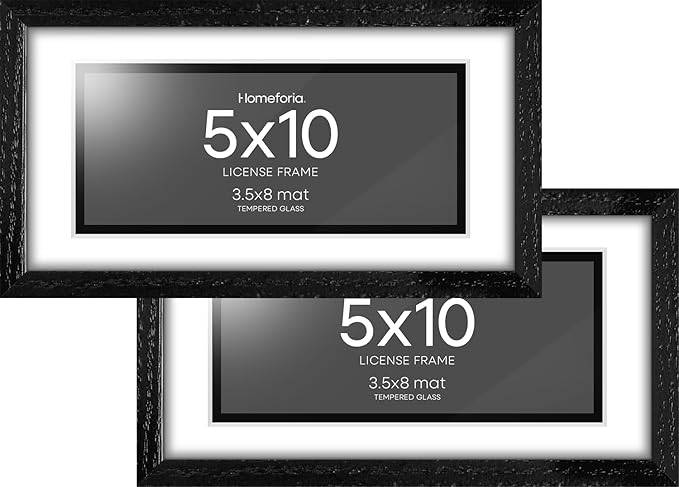 Homeforia 5x10 Business License Frame Black, High End Oak 5 x 10 Black Wood Document Certificate Frame with Mat 4x9, 10x5 Wooden Picture Frames for Wall or Tabletop, Tempered Glass, Wall Kit, Set of 2
