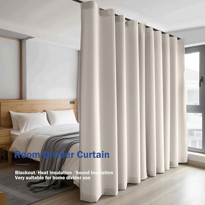 Room Divider Blackout Curtain Track Curtains Wall Dividers Panels Screen for Living Rooms Bedroom Office Privacy Partition Separation, W120 × L120 Inch,1 Panel, Beige