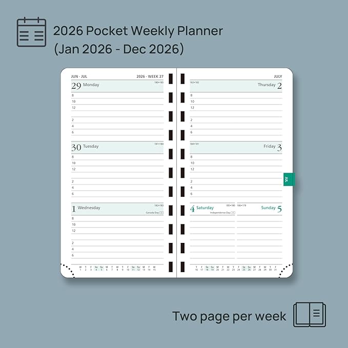POPRUN 2026 Pocket Planner (Slim Size 3.5" x 6.5") Weekly and Monthly Calendar for Purse, with Hourly Time Slots, 100GSM Thick Paper, Spiral Soft Cover, Pen Holder - Grey