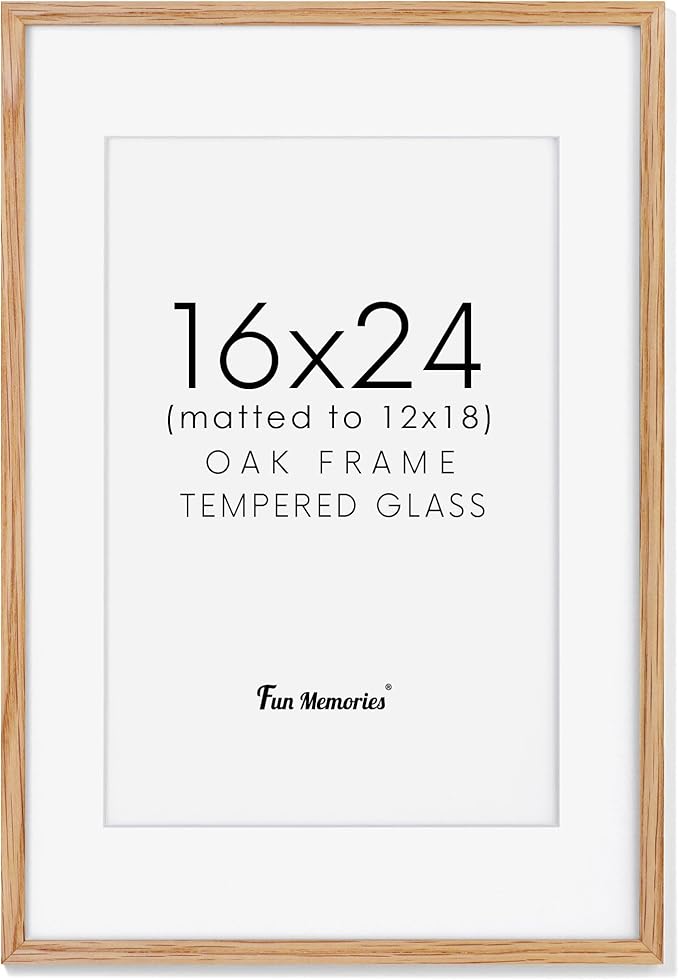 Fun Memories 16x24 Wood Picture Frame, Real Oak Wood 16 x24 Frame for Wall, 16x24 Inch Poster Frame, 16x24 Picture Frame Matted to 12x18, 16 by 24 Wooden Frame, Natural Oak Color, 1 Pack