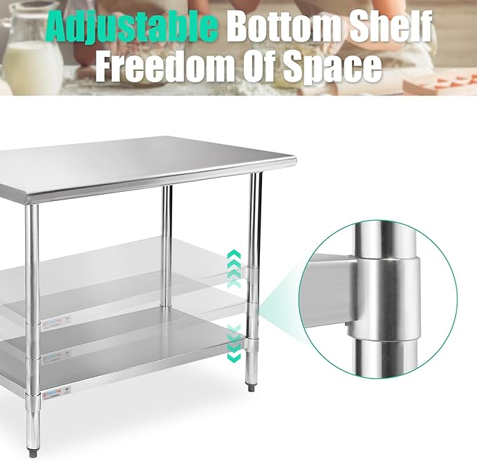 STABLEINK NSF Stainless Steel Prep Table, 30 x 48 Inches 4ft Metal Workbench with Adjustable Lower Undershelf, for Commercial Kitchen, Restaurant, Hotel, Laundry and Garage