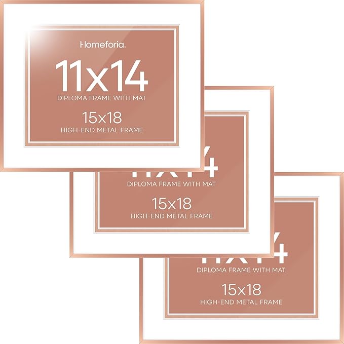 Homeforia 15x18 Diploma Frame Rose Gold, High End Metal 15 x 18 Certificate Frames with Mat 11 x 14, 15by18 Document Frame Matted to 11x14, Graduation Degree Frames, Tempered Glass, Wall Kit, Set of 3