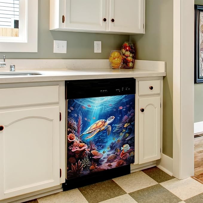 Marine Animals Sea Turtle Starfish Dishwasher Magnet Cover for Door Front, Dishwasher Panel Decal Reuseable Refrigerator Magnet Cover Decal Fridge Stickers Home Decor, 23 x 26 Inch