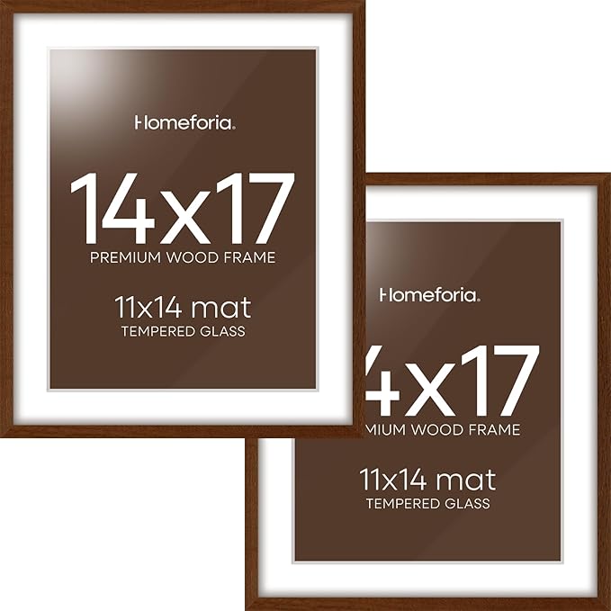 Homeforia 14x17 Picture Frame Brown, High End Dark Oak 14x17 Wooden Frames with Mat 11x14, 14 x 17 Walnut Wood Poster Frame Matted to 11 by 14, 17x14 Hanging Frames, Tempered Glass, Wall Kit, Set of 2