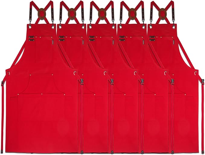 5 Pack Kitchen Apron, Work Apron, Canvas, Multiple Pockets, Gardening, Painting, BBQ, Artist, Carpenter, Sizes M to XXL, Red