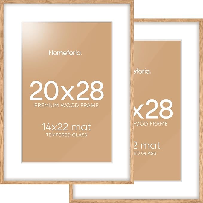 Homeforia 20x28 Picture Frame Wood, High End Natural Oak 20 x 28 Light Wooden Poster Frame with Mat 14 by 22, 20x28 Frames Matted to 14x22 Photo, 28by20 Thin Frames, Tempered Glass, Wall Kit, Set of 2