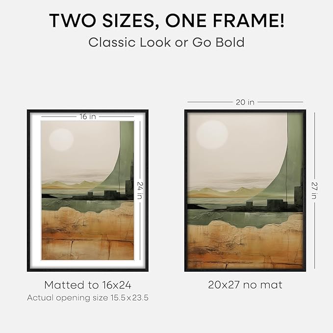 Homeforia 20x27 Picture Frame Black Wood, High End Oak 20x27 Poster Frames with Mat 16x24 Photo, 20 x 27 Wooden Frame Matted to 16 by 24 Print, 27x20 Hanging Frames, Tempered Glass, Wall Kit, Set of 2