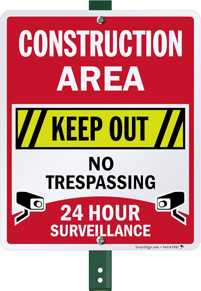SmartSign 12" x 10" 'Construction Area Keep Out, No Trespassing, 24 Hour Surveillance' Yard Sign with 3 foot Stake, 40 mil Aluminum 3M Laminated Engineer Grade Reflective, Set of 1, USA-Made