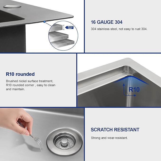Dcolora 28 Inch Workstation Kitchen Sink with Cup Washer, Drop In Luxury Large Single Bowl, 304 Stainless Steel Heavy Duty 16 Gauge, 5 In 1 Valued Accessories #DC-TW258007S